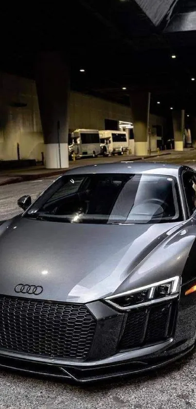 Sleek metallic sports car in urban street setting.