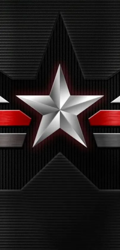 Metallic star with red accents on a dark textured background.