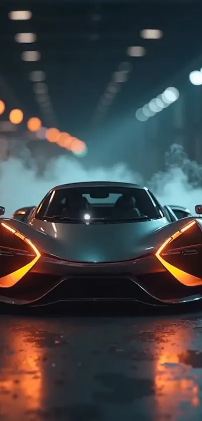 Sleek modern car with orange lights in a dimly lit tunnel.