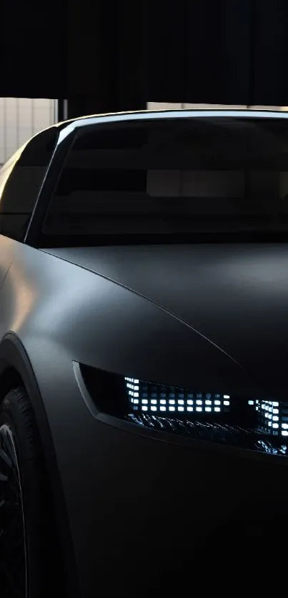 Sleek dark car with illuminated lights.