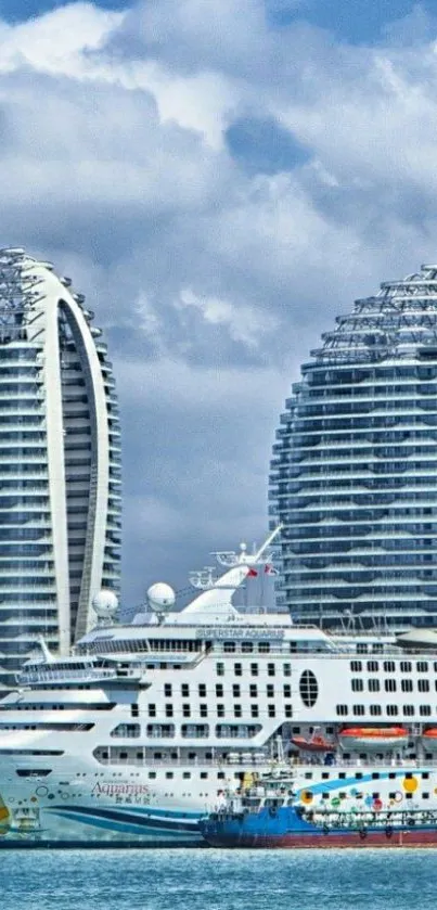 Modern urban skyline with cruise ship and blue sky backdrop.