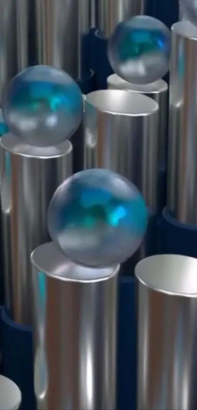 Metallic cylinders with glossy spheres wallpaper