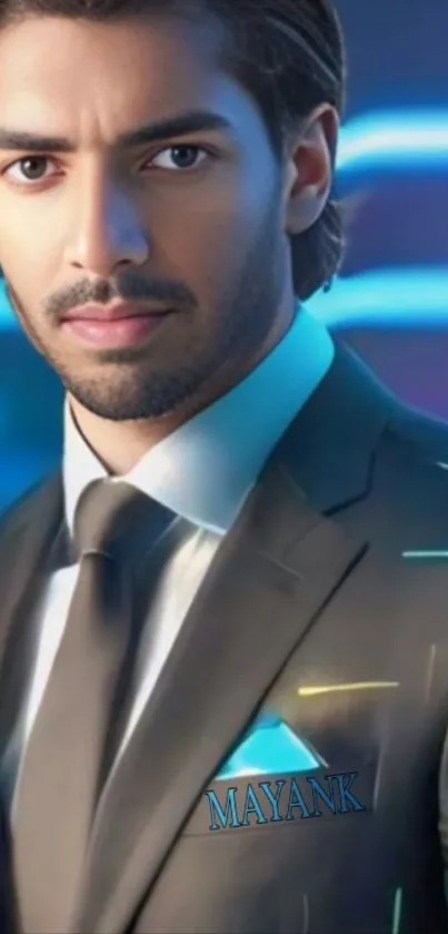 Man in suit with digital blue background