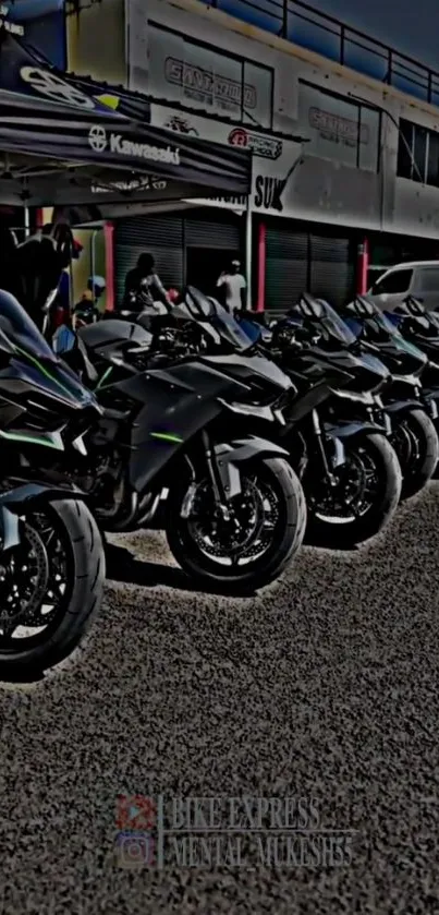 Lineup of sleek motorbikes under a canopy.