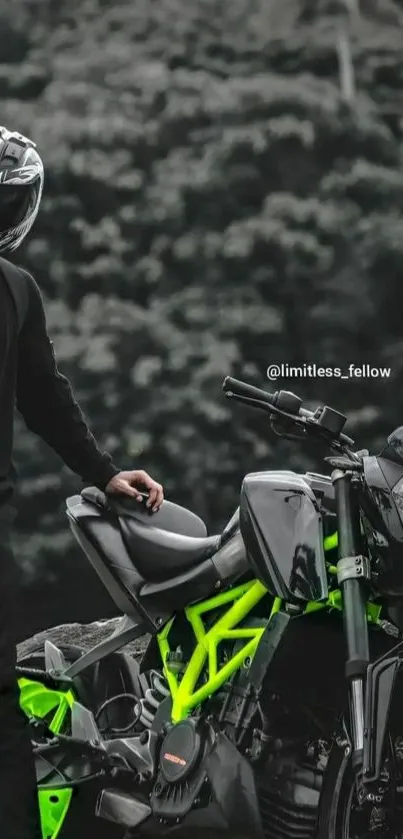 Motorcycle with neon accents and rider in a scenic setting.