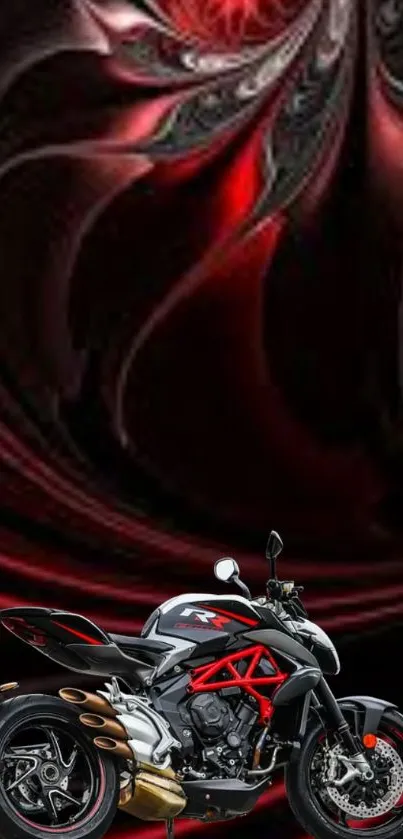 Sleek motorcycle with bold red and black abstract background wallpaper.