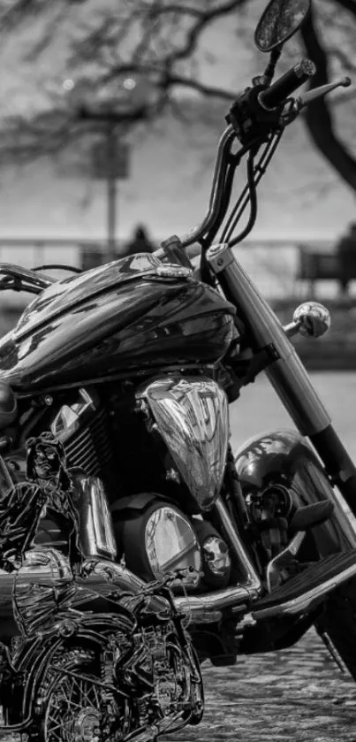 Black and white motorcycle with chrome details by a scenic backdrop.