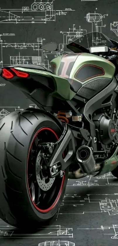 Sleek motorcycle with technical background design.