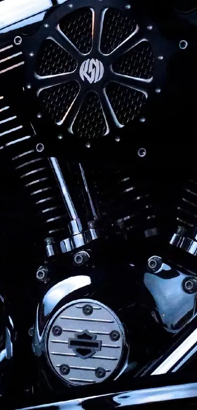 Close-up of black motorcycle engine with chrome accents.