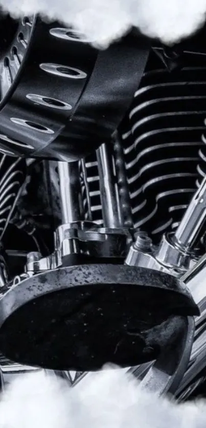 Monochrome close-up of a motorcycle engine with sleek chrome detailing.