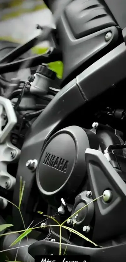 Detailed view of a sleek motorcycle engine bathed in black and lush greenery.