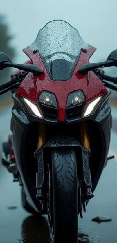 Front view of motorcycle on wet road with rain.