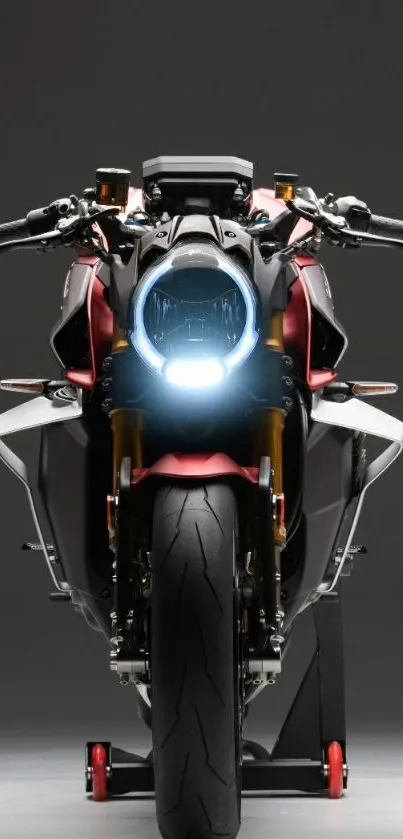 Front view of a sleek motorcycle with a glowing headlight.