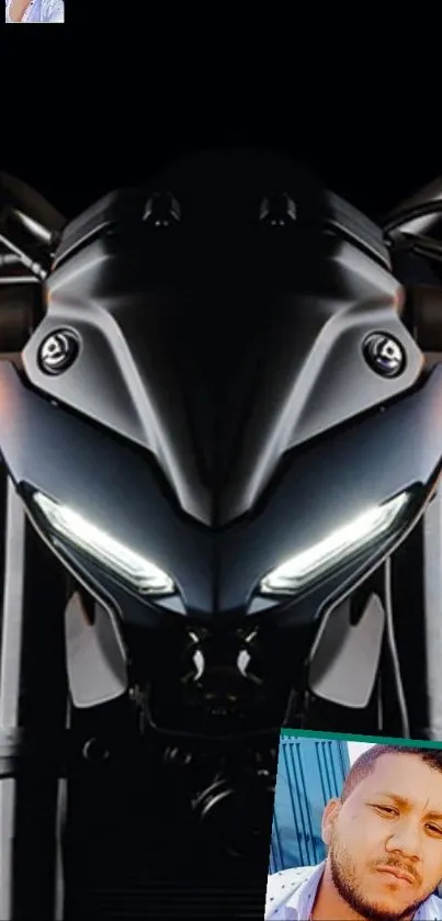 Sleek motorcycle front with glowing headlights.