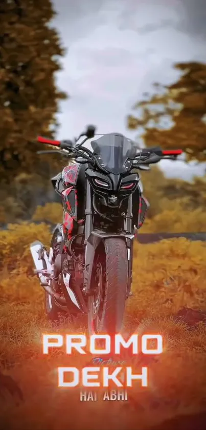 Motorcycle amidst autumn foliage with promo text.