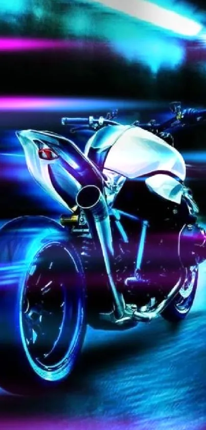 Sleek motorcycle under bright blue neon lights.