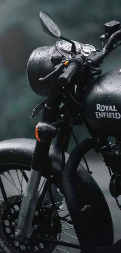 Close-up of Royal Enfield motorcycle in rain, showcasing sleek design.