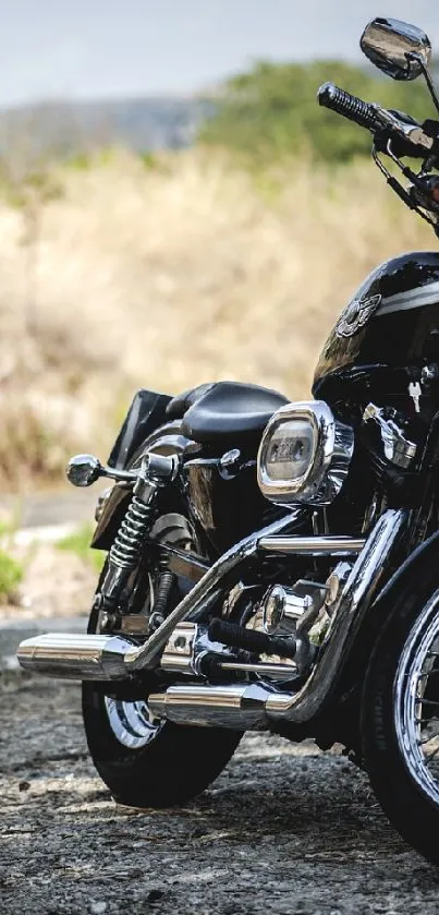 Sleek motorcycle parked in a scenic outdoor landscape.