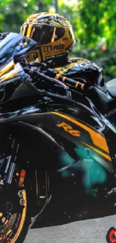 Black and yellow motorcycle with helmet on a dynamic ride background.