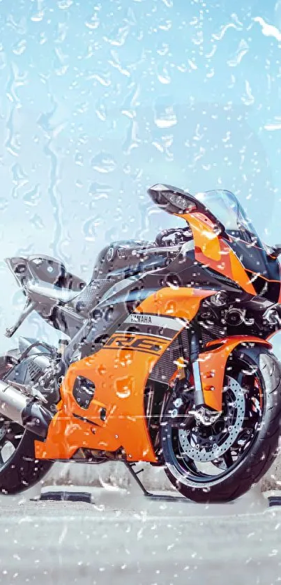 Orange and black motorcycle with raindrops background.