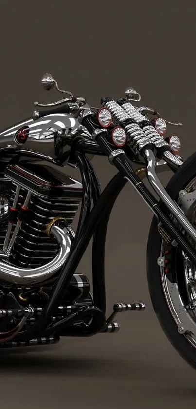 Sleek chrome motorcycle with intricate engine design.