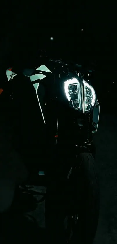 Motorcycle with glowing headlight in dark ambiance.