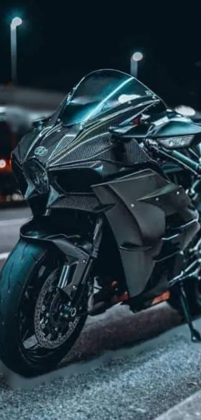 Sleek motorcycle parked on a city street at night.