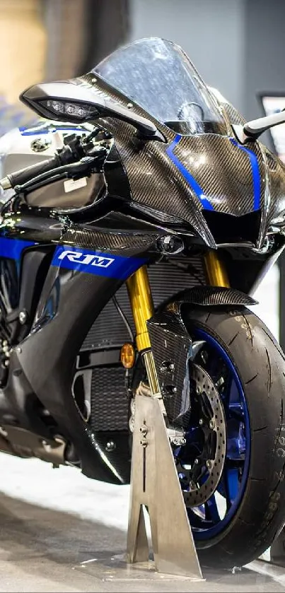 A sleek, modern motorcycle on display in a showroom with blue highlights.