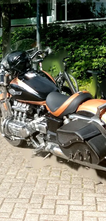 Sleek motorcycle parked on a city street, captured in vibrant color.