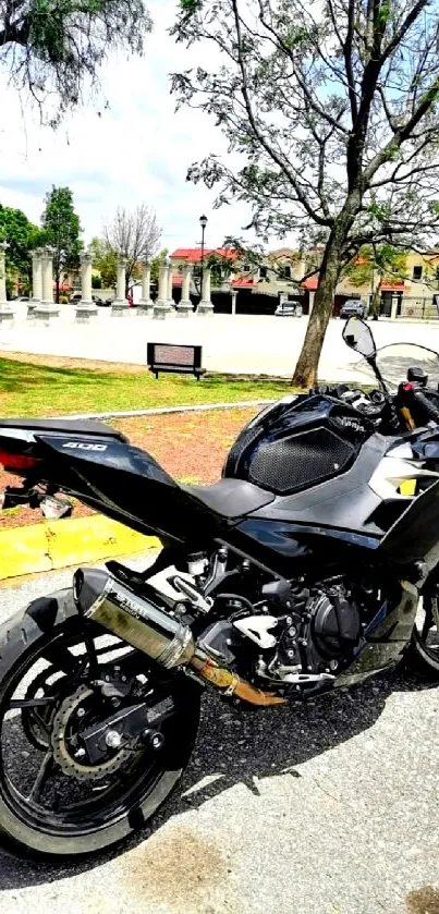 Black motorcycle parked in a scenic park setting, perfect for mobile wallpaper.