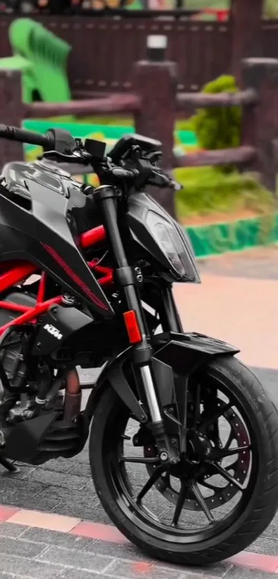 Sleek black motorcycle parked outdoors with urban backdrop.