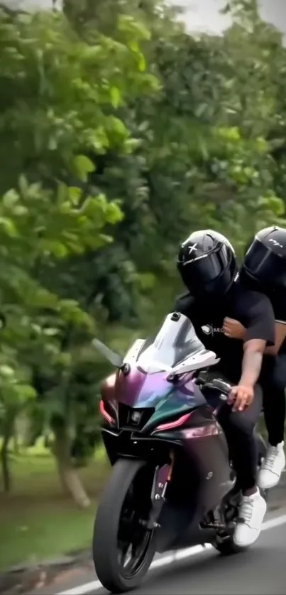 Motorcycle duo in helmets racing through a green landscape.