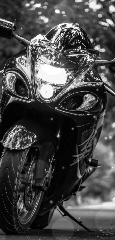 Black and white motorcycle on a road lined with trees.