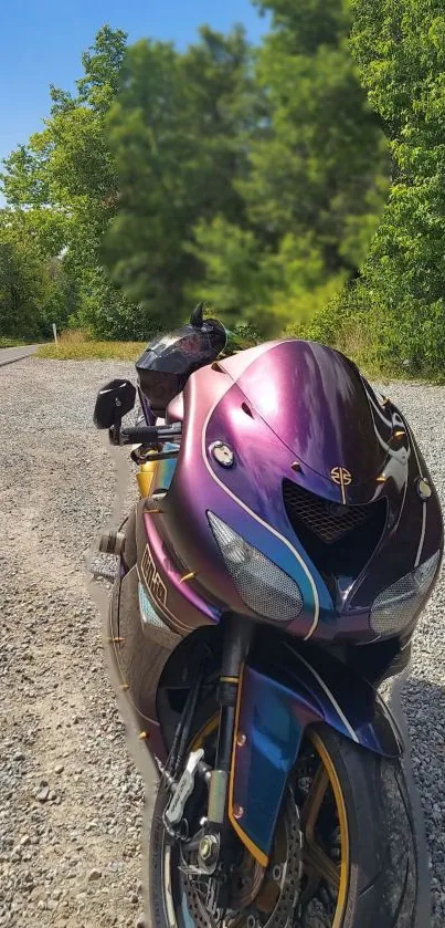 Purple motorcycle parked on a gravel roadside with green trees in the background.