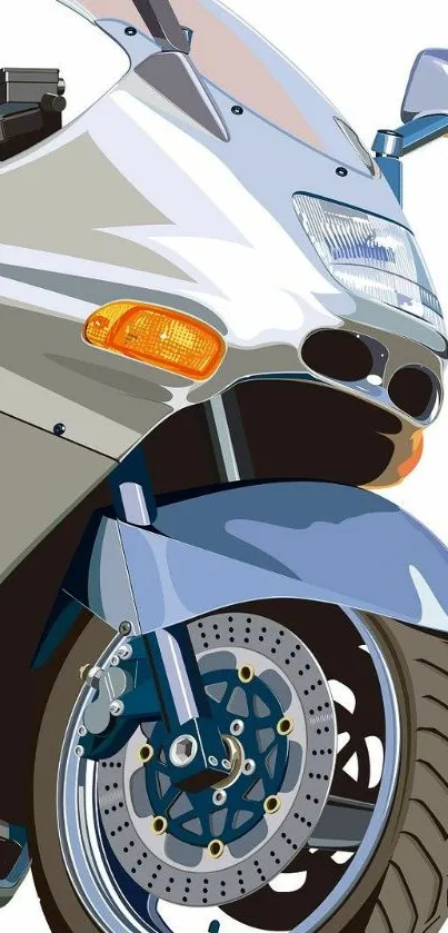 Motorcycle illustration with blue and gray tones, showcasing front wheel and body.