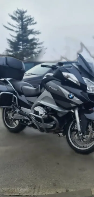 Sleek motorcycle parked in an urban setting.