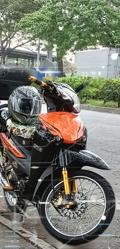 Motorcycle on street with orange accents.