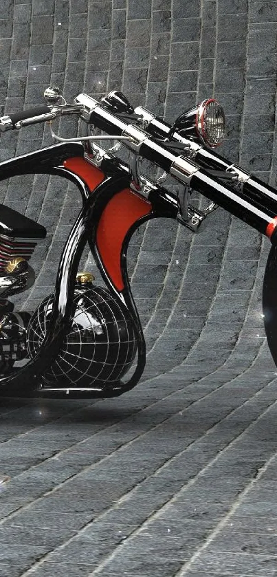 Custom motorcycle with sleek metal design on a textured background.