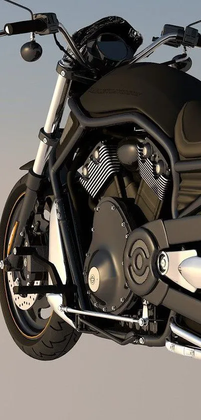 Sleek black motorcycle with chrome details against a soft gradient background.