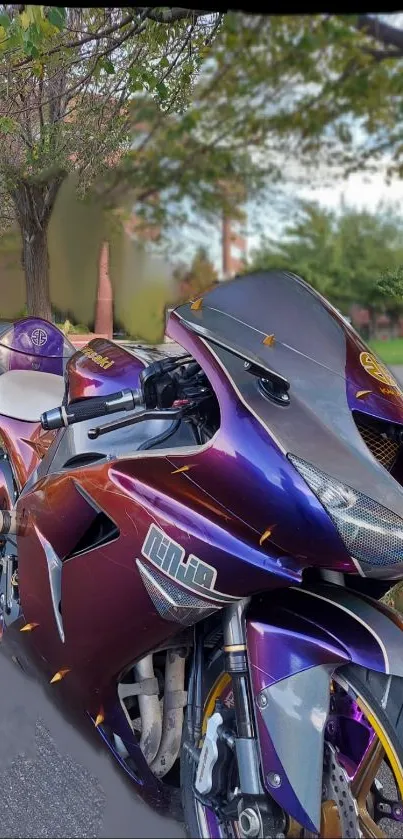 Purple motorcycle on a street with trees.