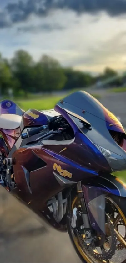 Purple motorcycle with sunset background, designed for vibrant wallpapers.