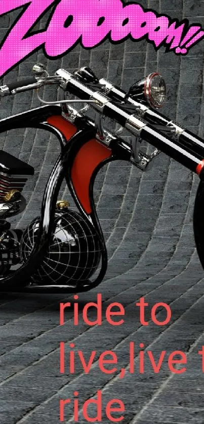 Sleek motorcycle with vibrant bubble text on a gray brick background.