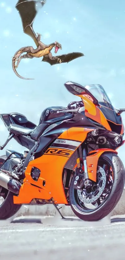 Orange motorcycle with dragon in sky.