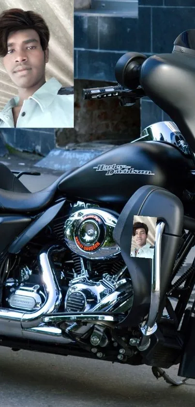 Harley Davidson motorcycle with two portrait photos displayed.