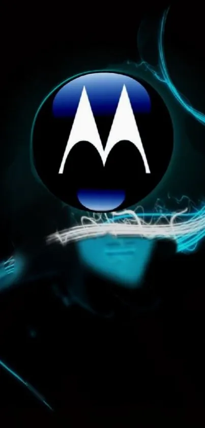 Motorola logo with neon blue accents on black background.