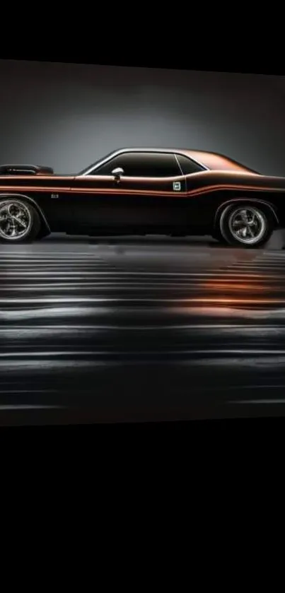 Sleek black muscle car with orange accents on reflective surface.