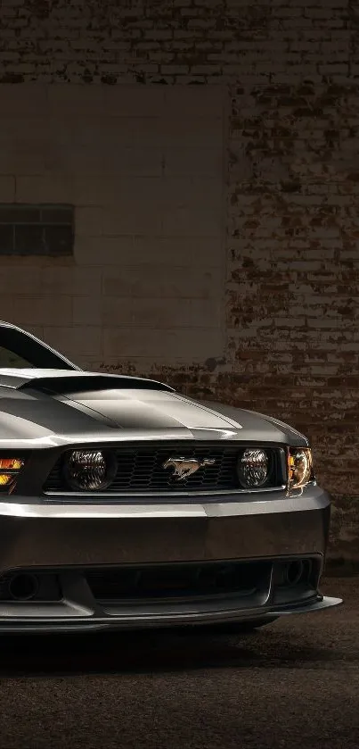 Sleek metallic Mustang car against rustic urban backdrop.