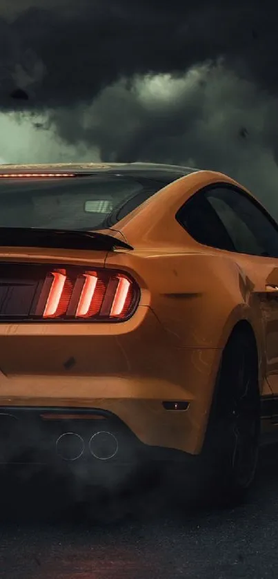 Yellow Mustang in stormy weather with dramatic sky.