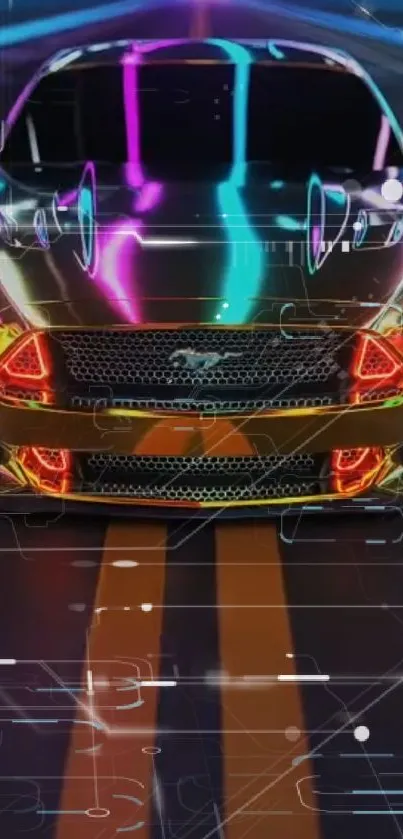 Sleek sports car with neon lights in a futuristic digital design.