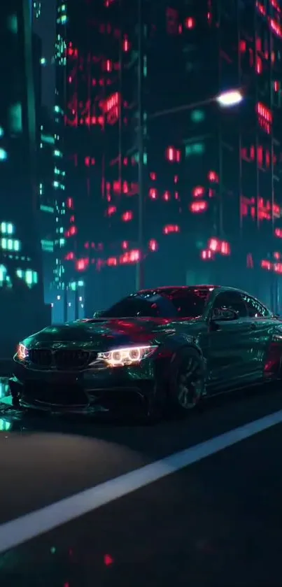 A sleek car under vibrant neon lights in a futuristic city scene.